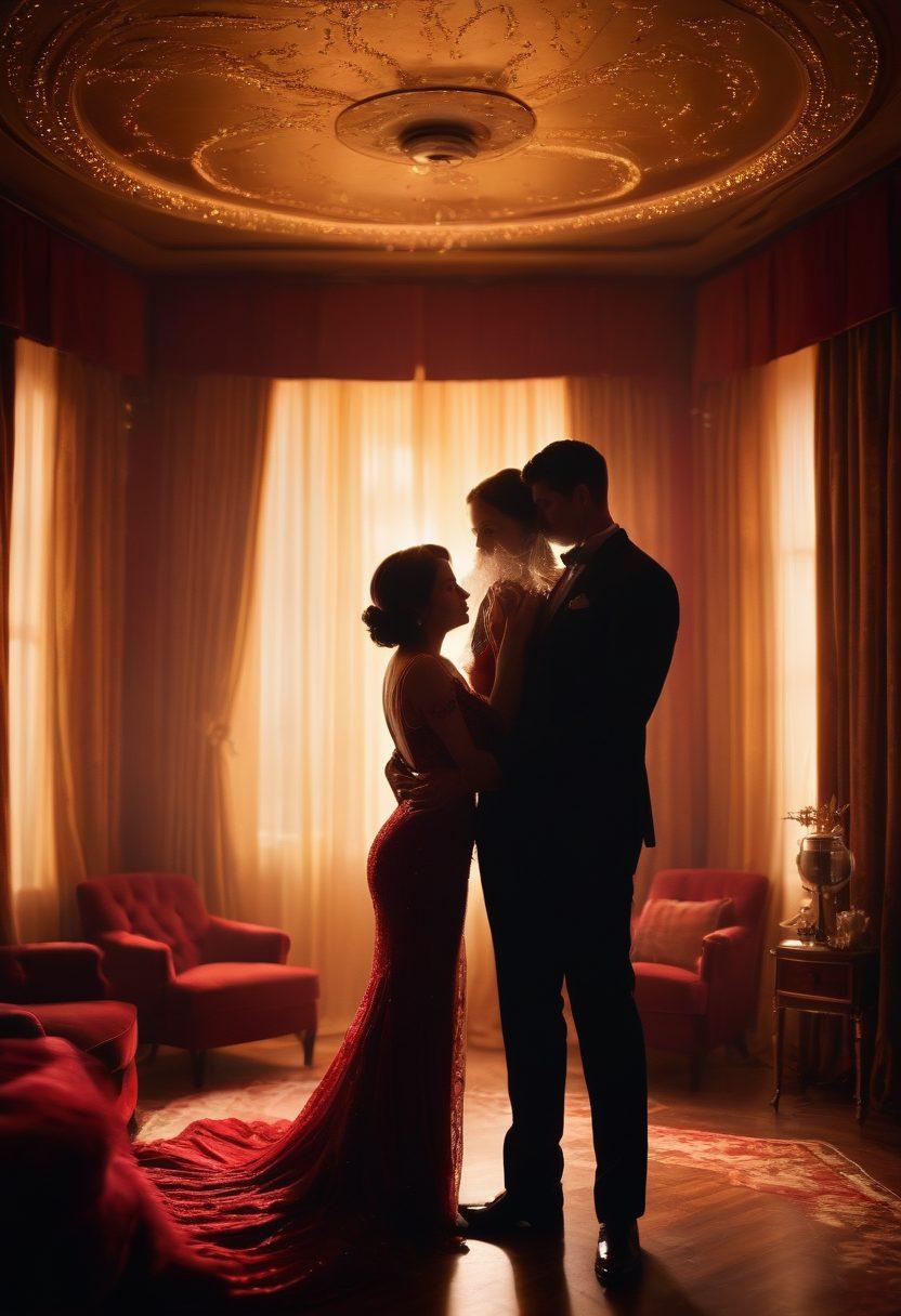 A glamorous and intimate setting depicting a film reel unraveling amidst soft, warm lighting. Silhouettes of diverse couples enjoying a moment together, surrounded by plush velvet curtains and a vintage projector casting flickering images. The background hints at sensuality with artful smoke and starry twinkling lights. The color palette is rich with deep reds and golds to evoke passion and allure. super-realistic. vibrant colors. soft focus.